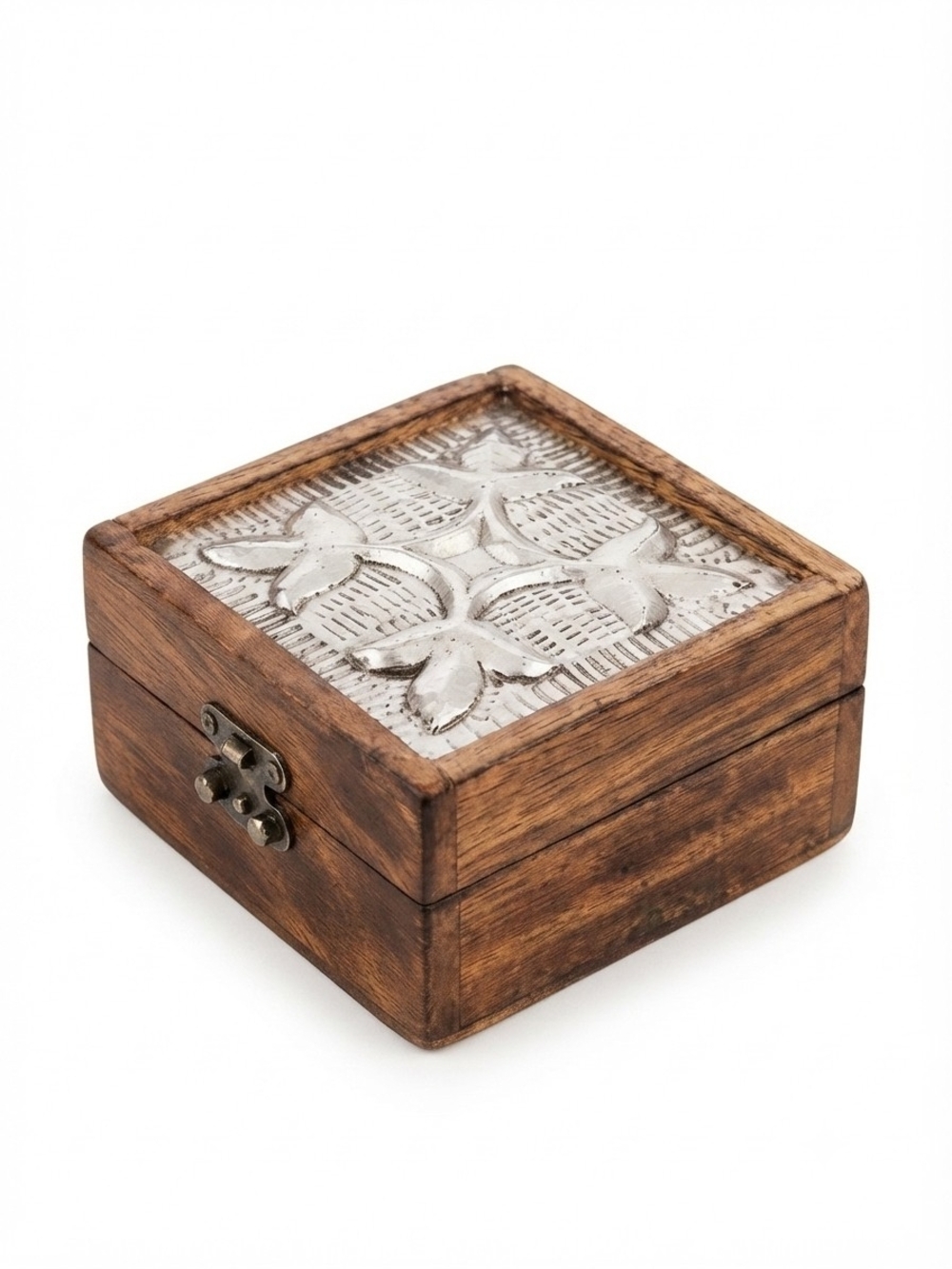 Vintage Brown Wood Jewelry Box with White Carved Tile Top